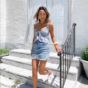 Blue patchwork denim mini skirt